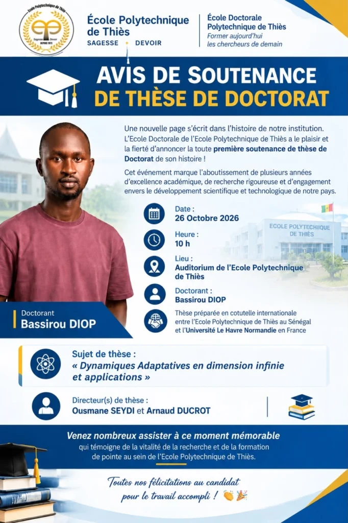 Bassirou Diop, doctorant à l’École polytechnique de Thiès, sur l’affiche officielle de sa soutenance du 26 octobre 2026