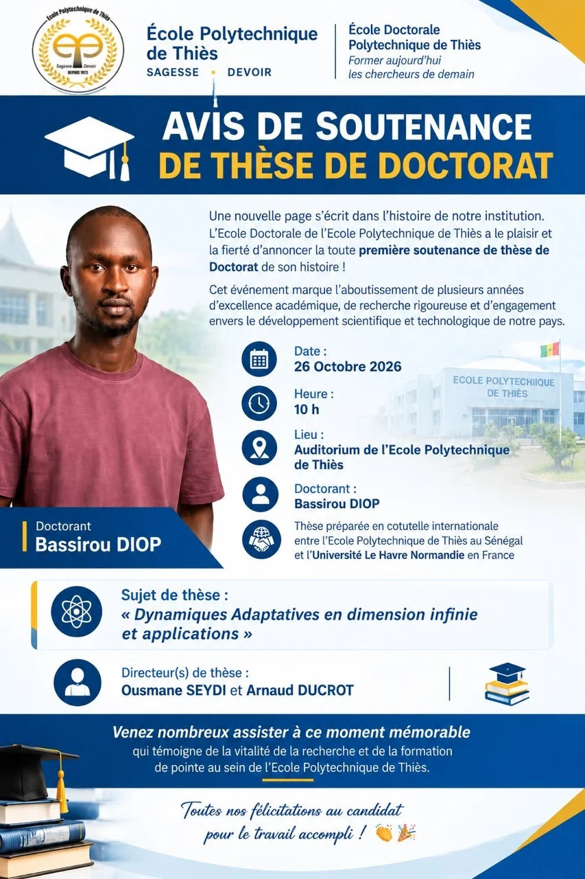 Bassirou Diop, doctorant à l’École polytechnique de Thiès, sur l’affiche officielle de sa soutenance du 26 octobre 2026