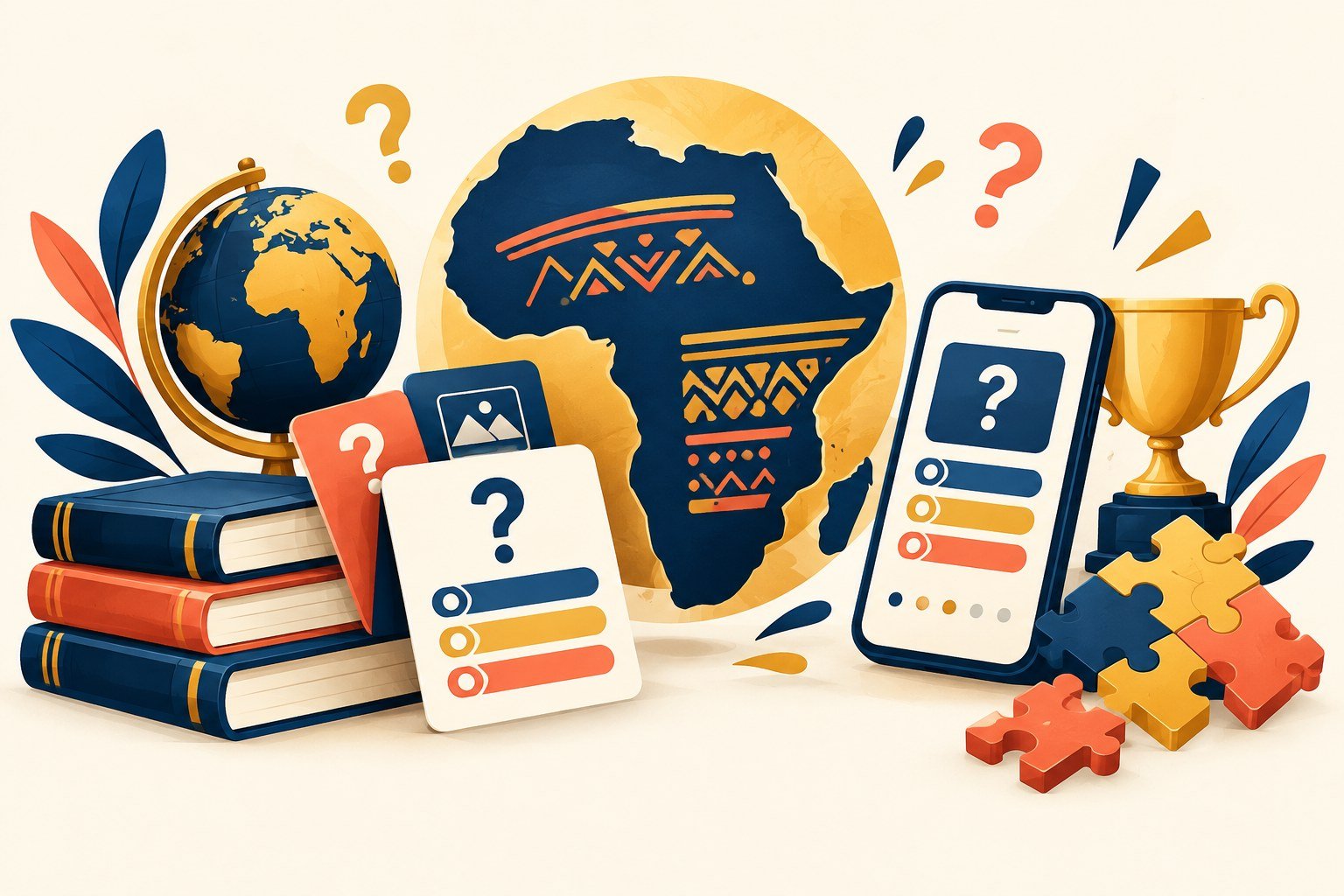 Illustration de l’espace Dëkbi Loisirs avec jeux éducatifs, cartes africaines, livres et quiz.
