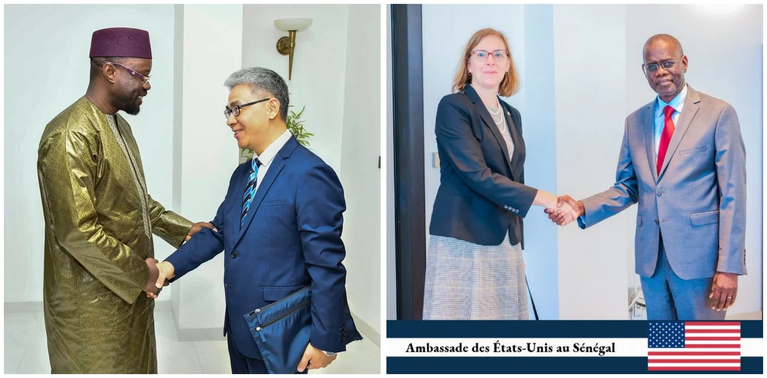 À gauche, Ousmane Sonko et l’ambassadeur de Chine ; à droite, Jennifer Davis Paguada et Ahmadou Al Aminou Lô.