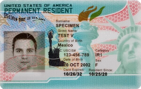 Spécimen de carte verte américaine illustrant le programme Diversity Visa