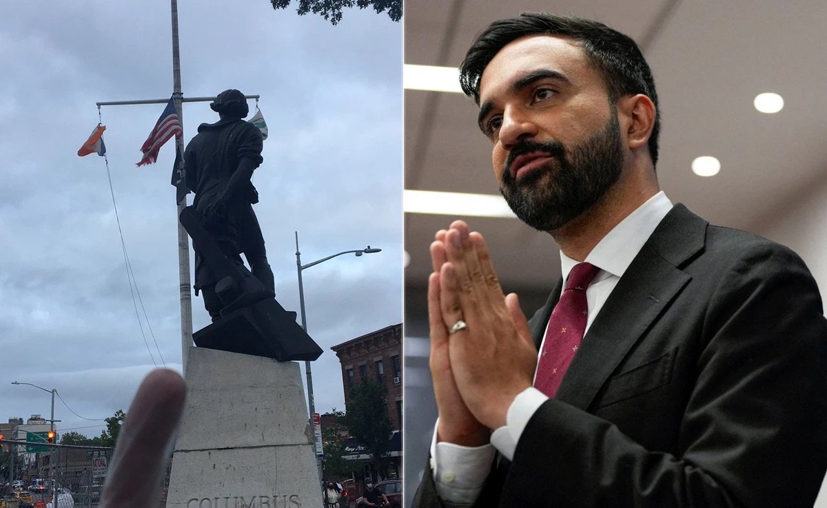 Montage montrant Zohran Mamdani et une statue de Christophe Colomb à New York