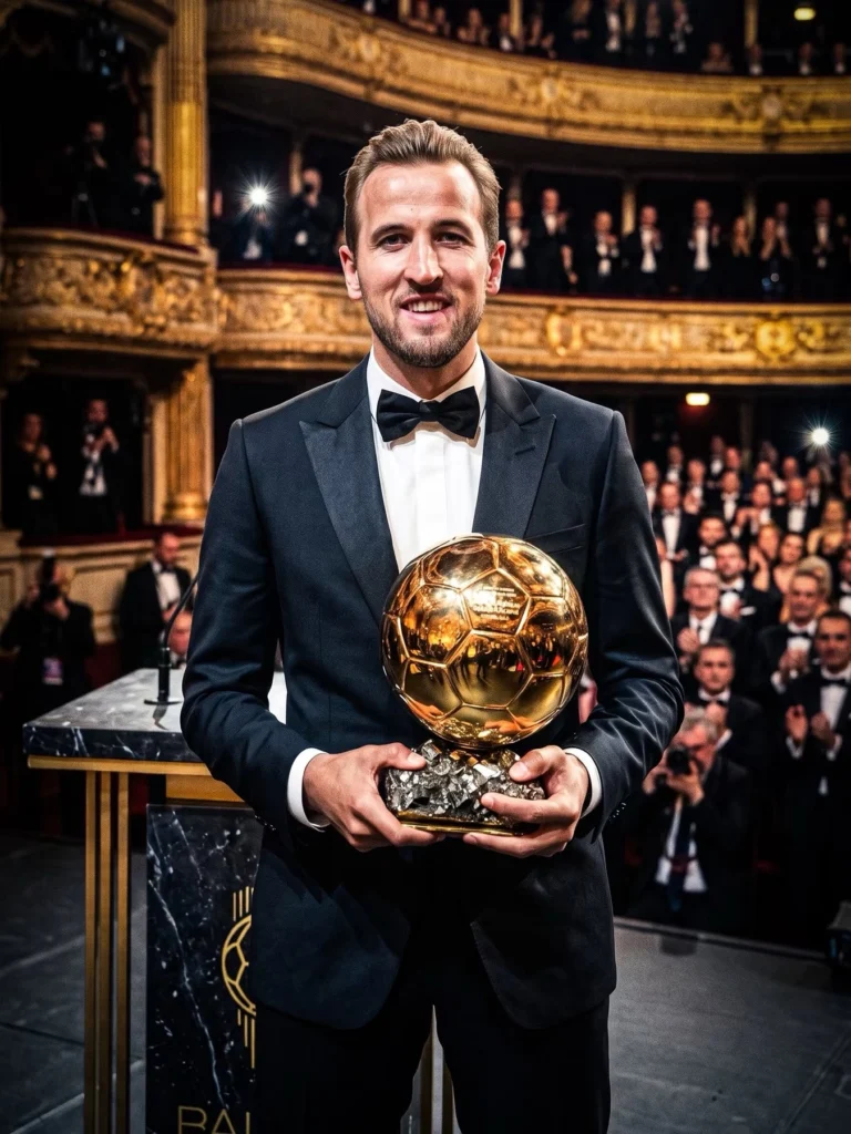 Harry Kane tient le Ballon d’Or 2026 lors de la cérémonie organisée à Londres.