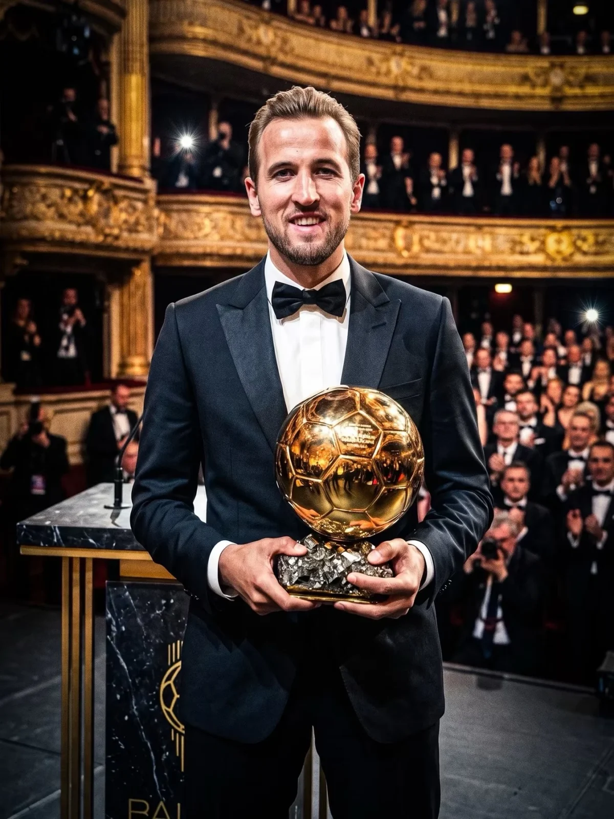 Harry Kane tient le Ballon d’Or 2026 lors de la cérémonie organisée à Londres.